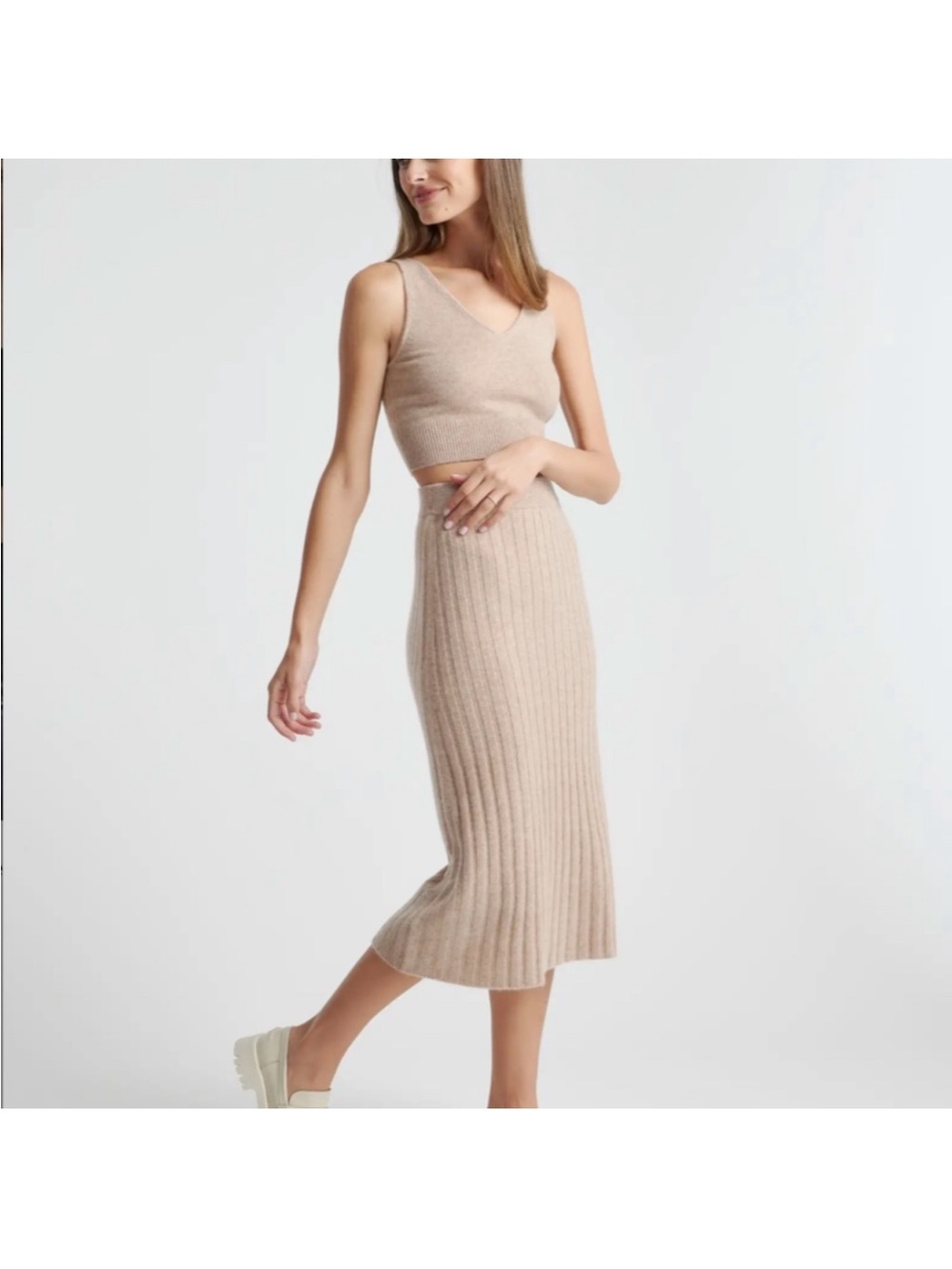 Quince Beige Ribbed Knit Sweater and Skirt Matching Set